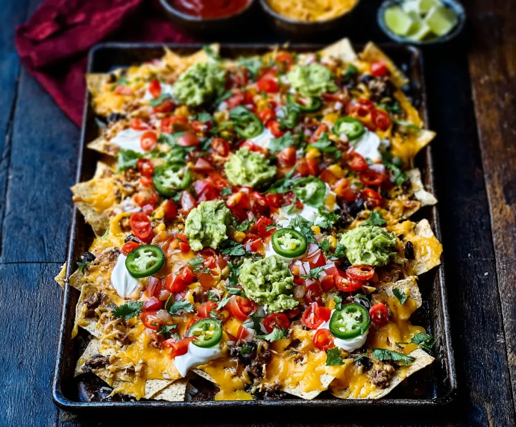 Loaded sheet pan nachos with melted cheese, jalapenos, sour cream, and fresh toppings on a baking sheet.
