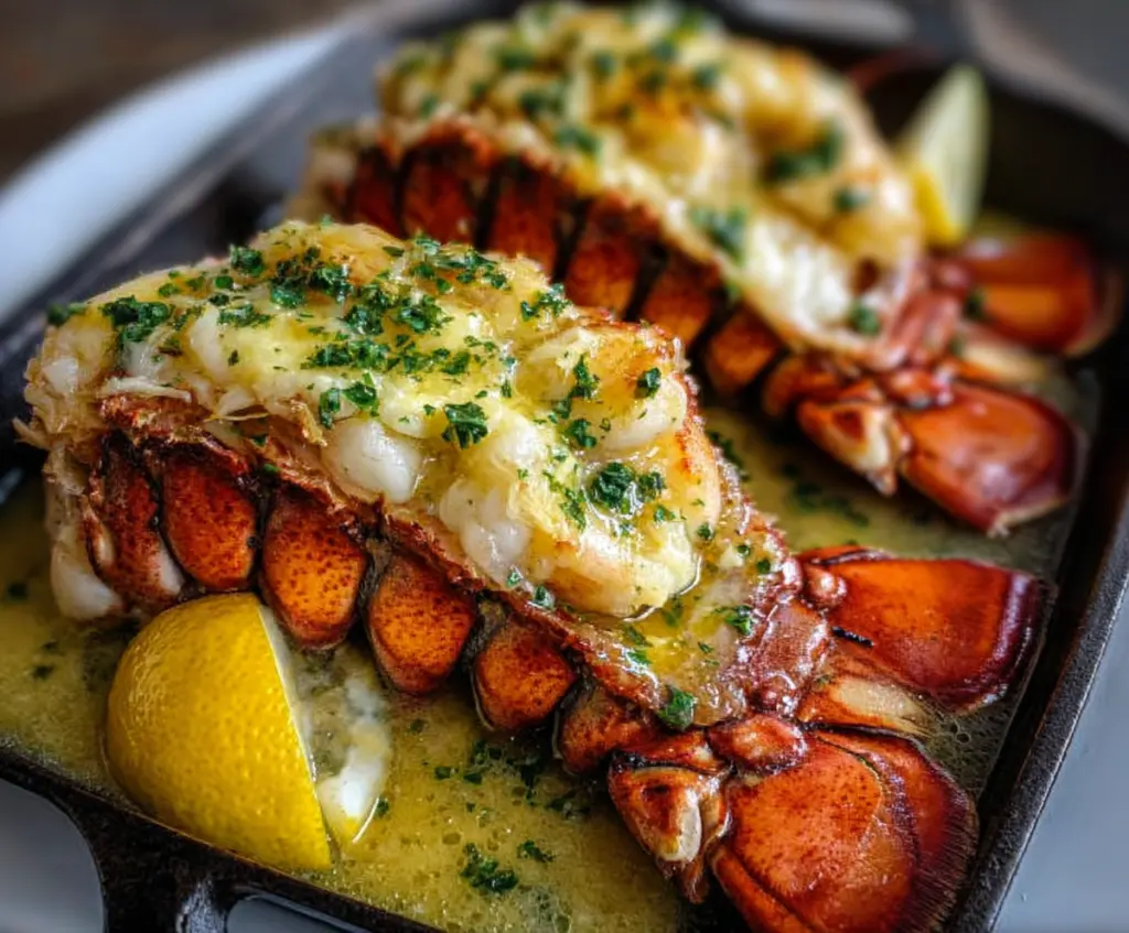 Juicy lobster tail drizzled with rich garlic butter on a white plate.