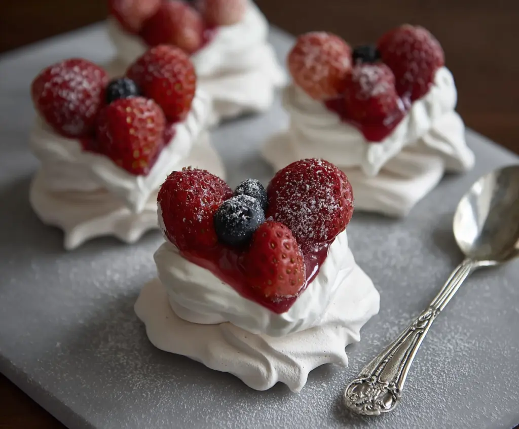 Mini Heart Pavlovas dessert topped with fresh berries and whipped cream for a romantic treat.