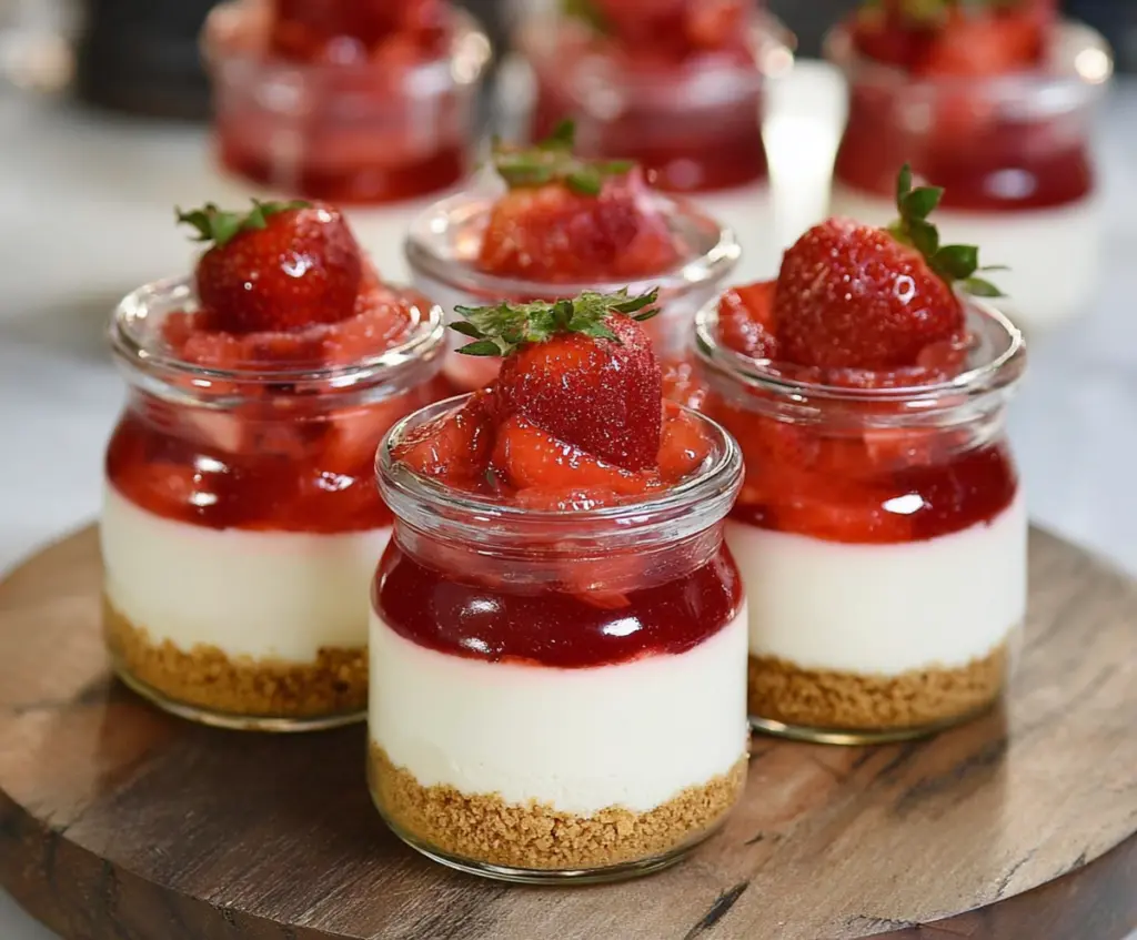 Delicious no-bake strawberry cheesecake jars with fresh strawberries and creamy cheesecake filling.