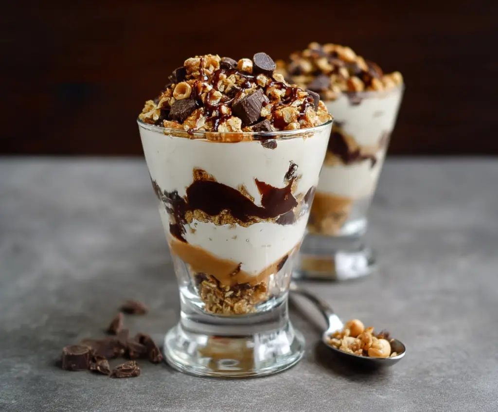 Delicious Peanut Butter Cup Parfaits with layered creamy peanut butter, chocolate, and whipped topping in a glass dessert cup.
