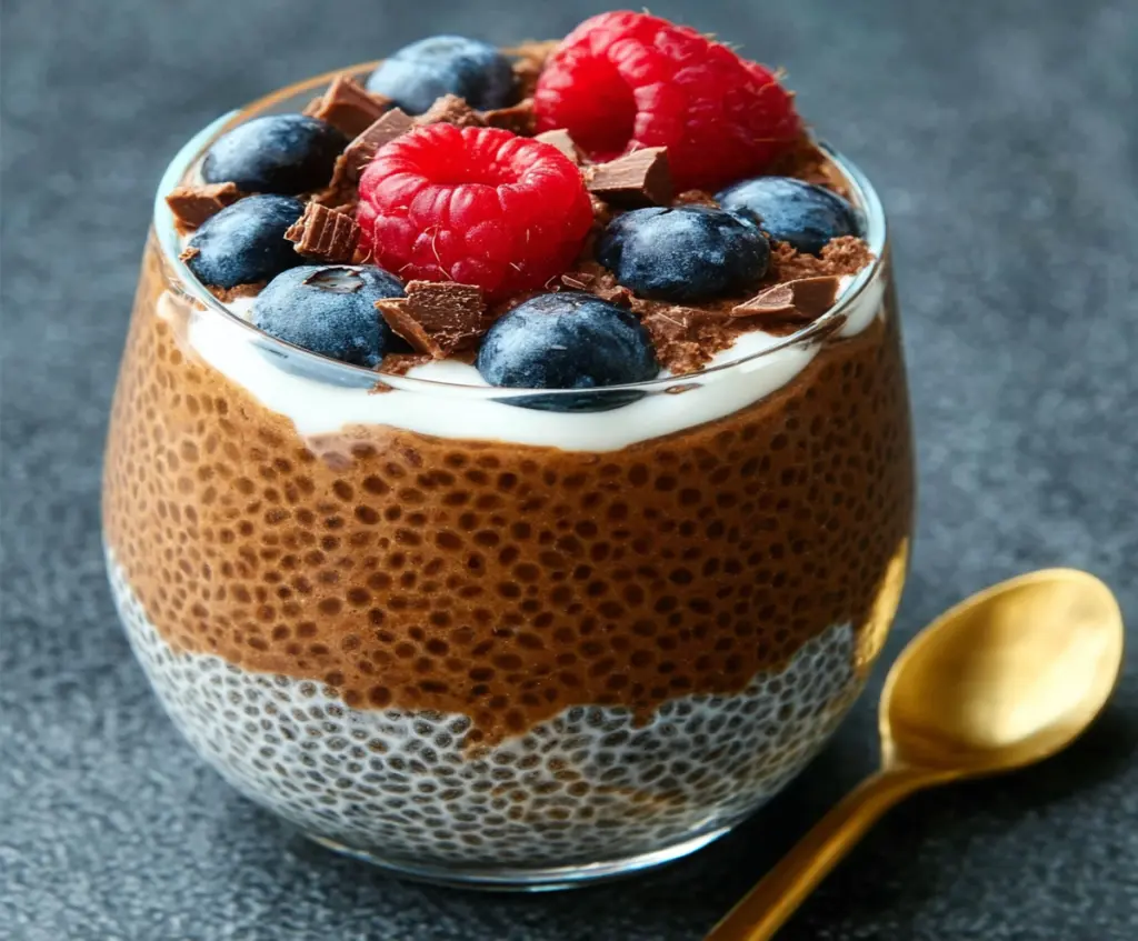 Creamy protein chocolate chia pudding served in a glass topped with fresh berries and a sprig of mint.