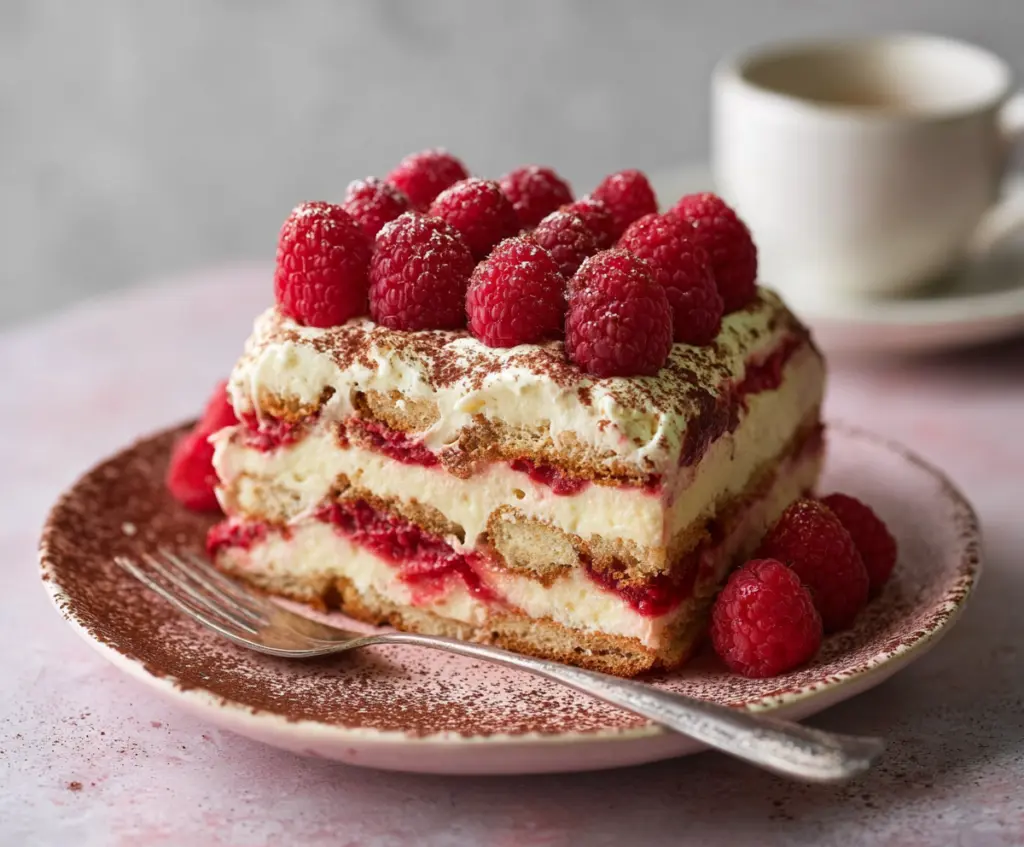 Delicious Raspberry Tiramisu with fresh raspberries and creamy mascarpone layers.