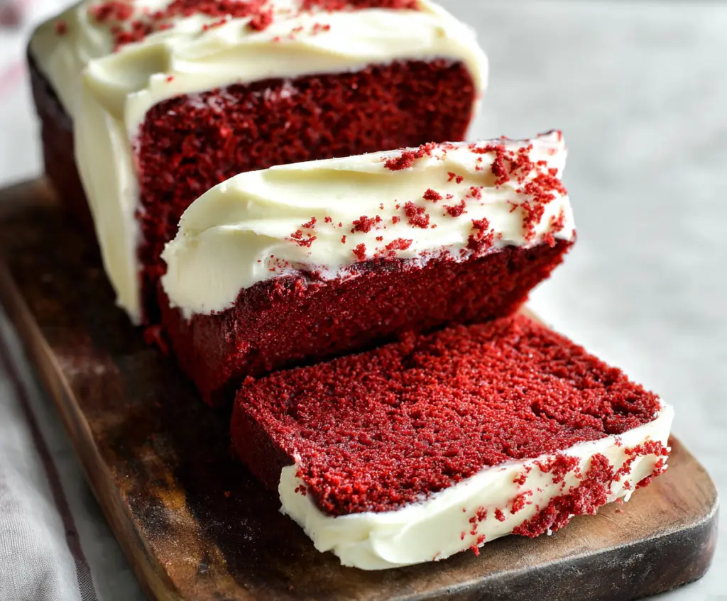 Delicious homemade Red Velvet Loaf Cake sliced to reveal its vibrant red interior and creamy frosting.
