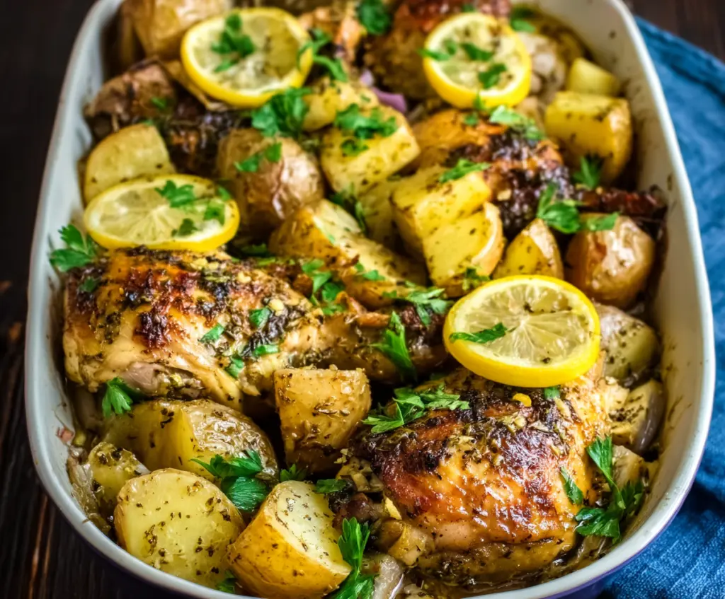 Delicious slow cooker Greek lemon chicken with tender potatoes and herbs on a rustic plate.