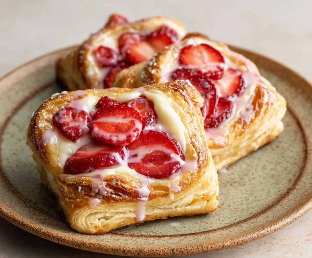 Delicious strawberry cream cheese danishes on a plate with fresh strawberries and powdered sugar.