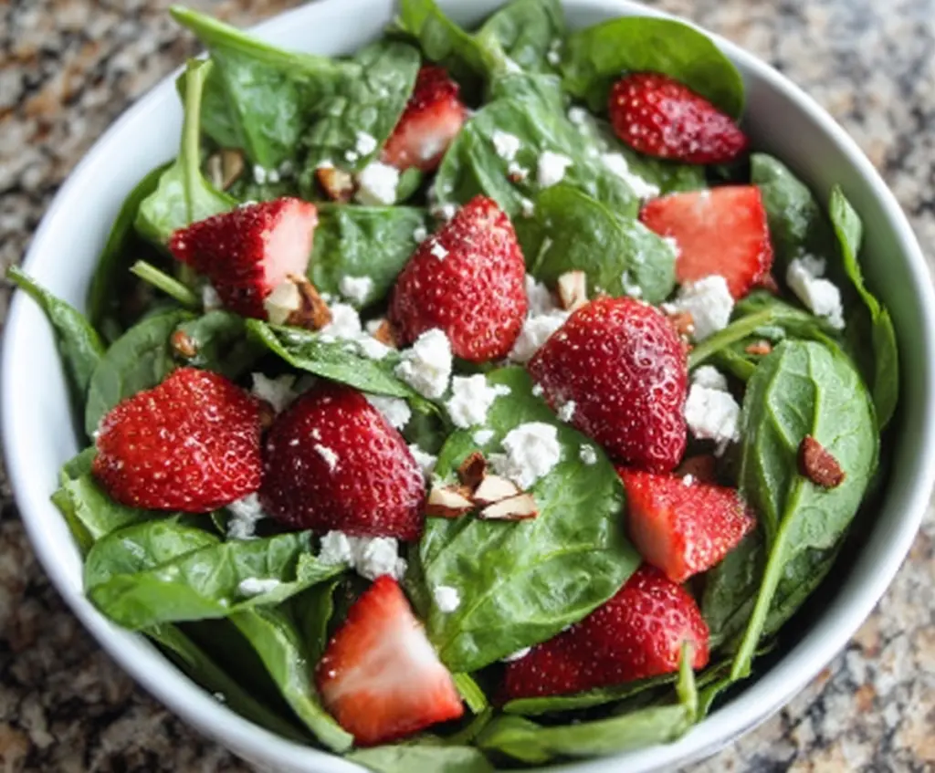 Fresh strawberry spinach salad topped with creamy goat cheese for a healthy, colorful meal.