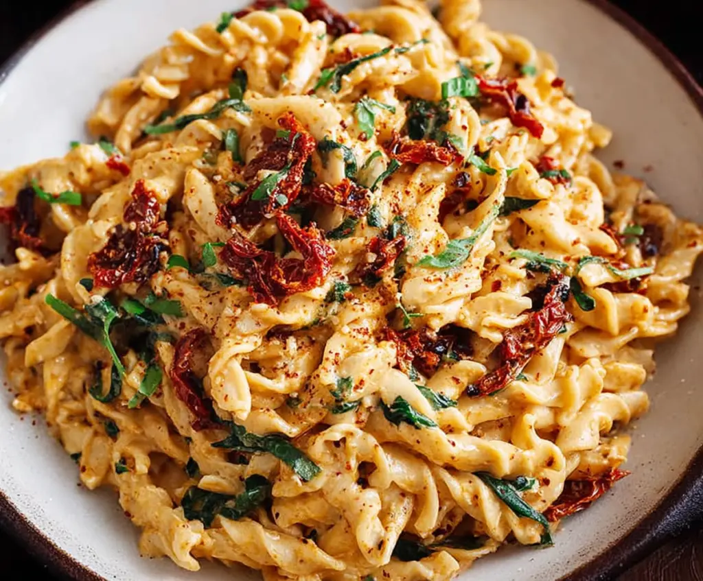 Delicious sun-dried tomato pasta with fresh basil and garlic, served on a white plate.