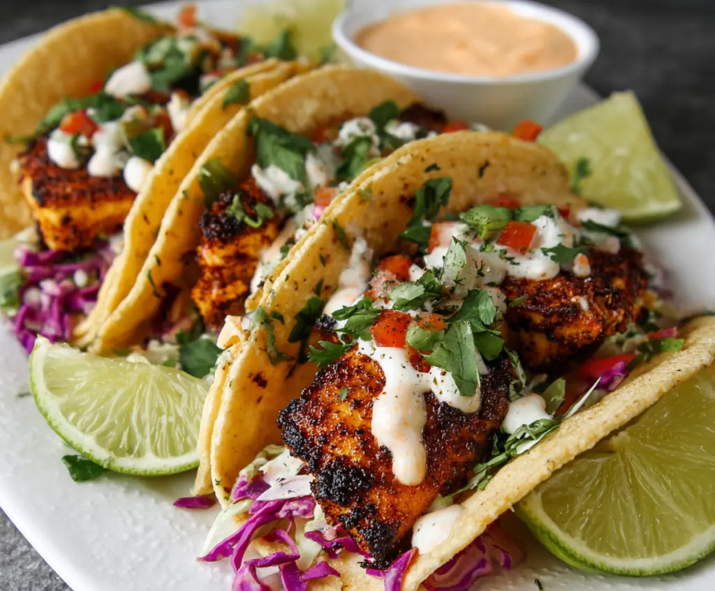 Delicious blackened fish tacos topped with fresh salsa and creamy sauce on a heated plate.