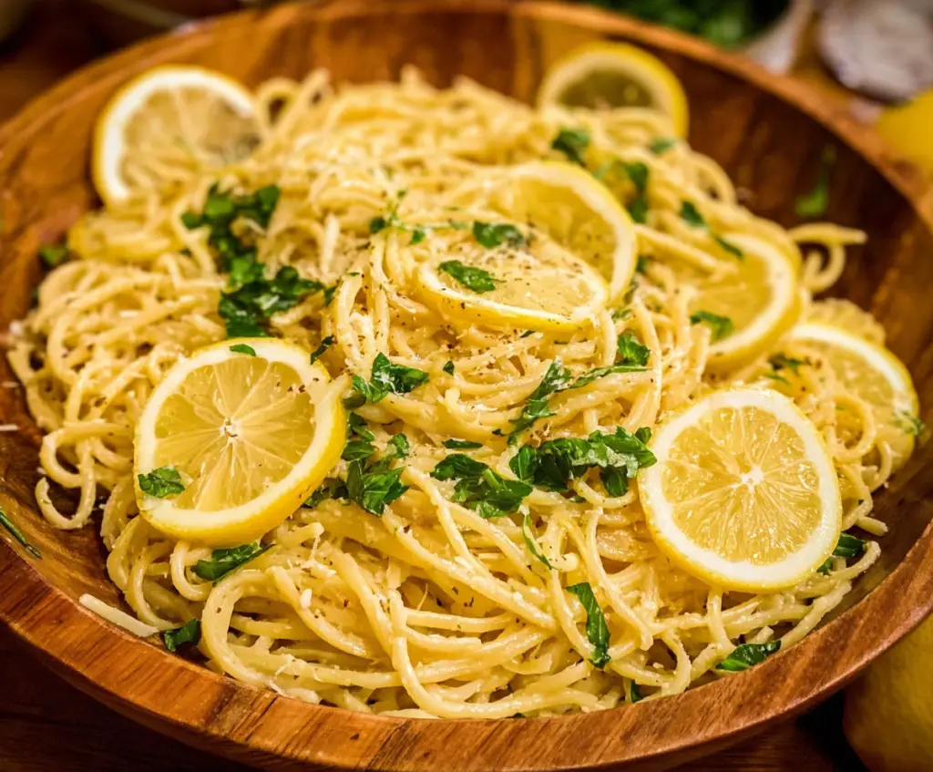 Creamy lemon pasta dish garnished with fresh herbs and lemon slices on a white plate.
