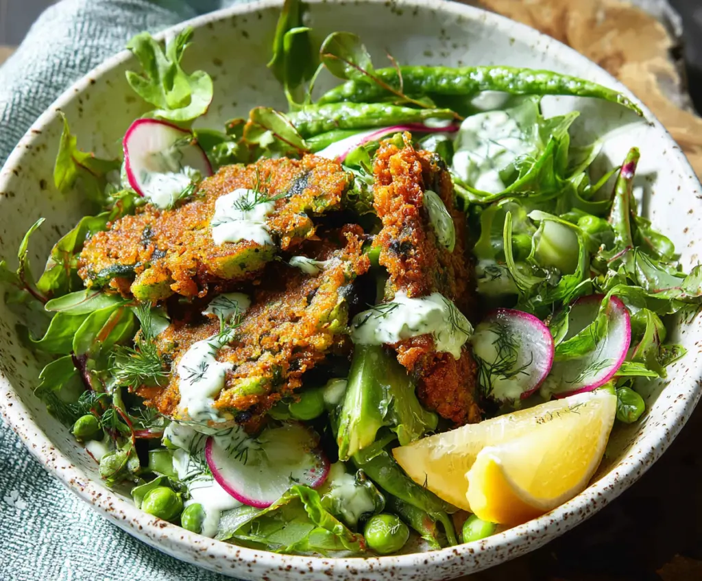 Delicious crispy pea fritter salad served with fresh greens and vibrant vegetables, perfect for a light, healthy meal.