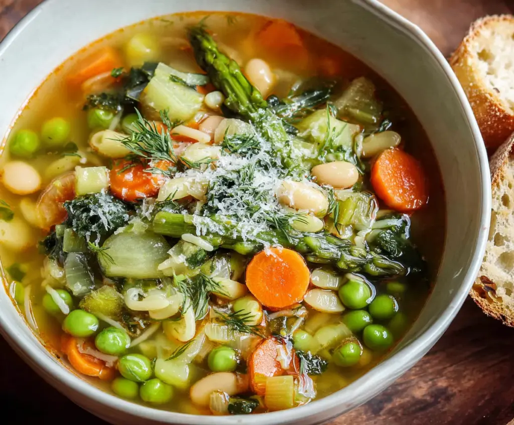 Fresh Spring Minestrone Soup with colorful vegetables in a bowl, perfect for healthy seasonal dining.