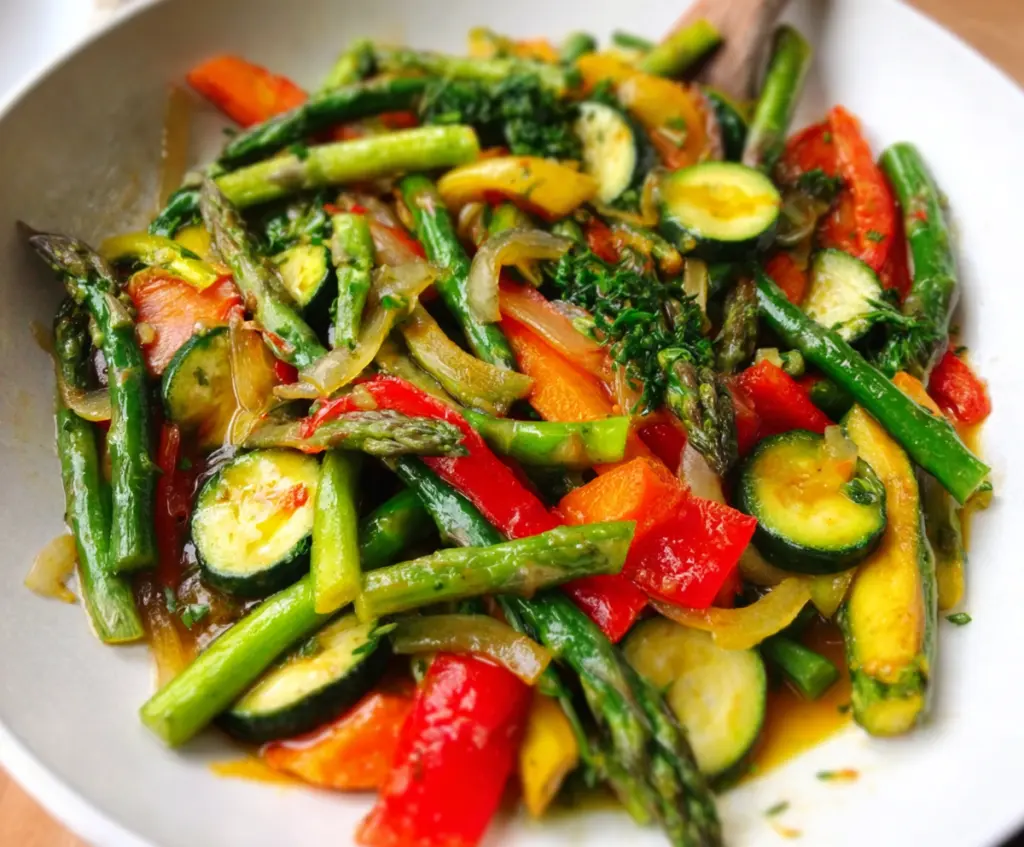 Colorful spring veggie stir-fry with fresh broccoli, bell peppers, and snap peas in a wok.