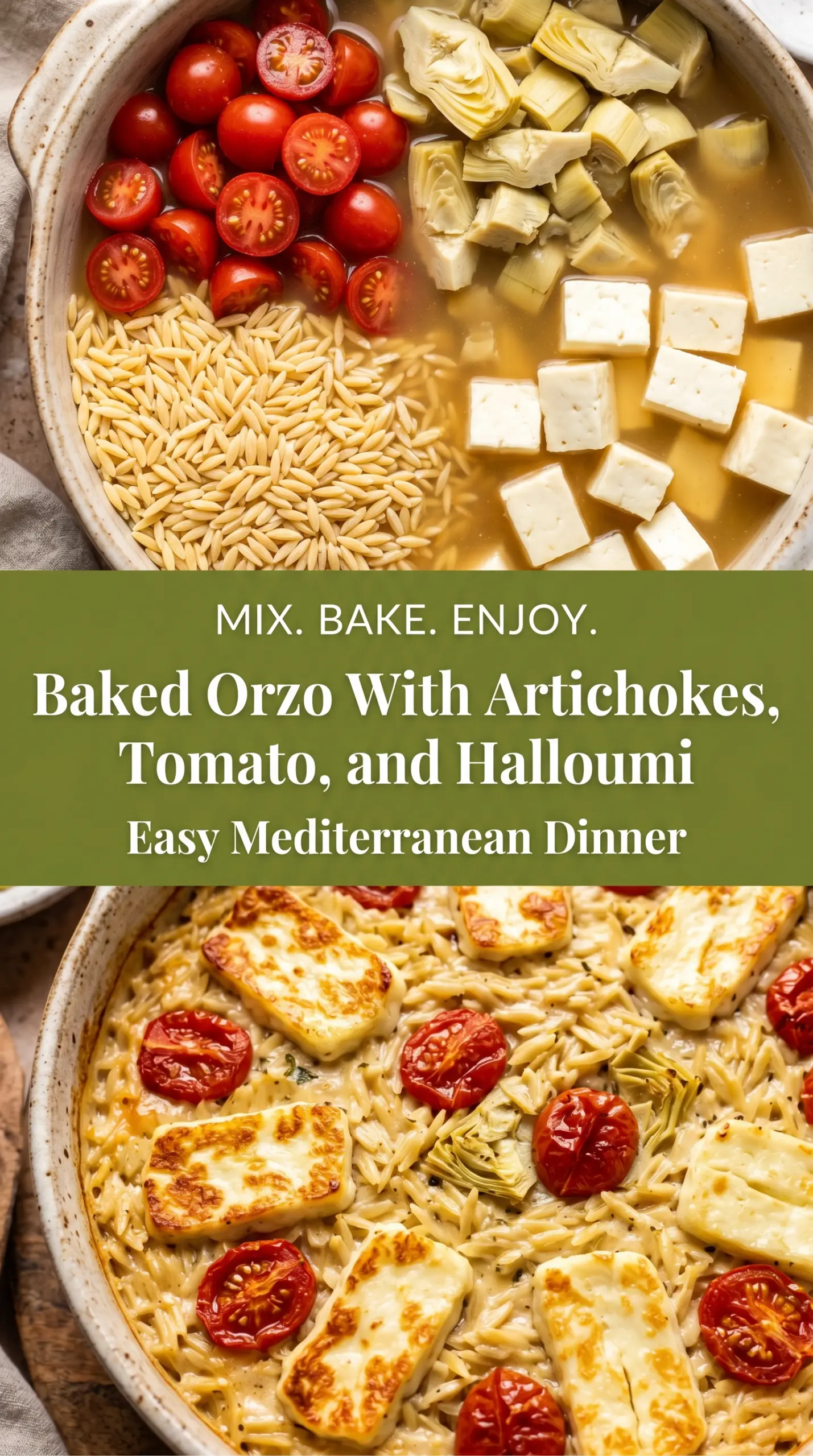 Baked Orzo With Artichokes, Tomato, and Halloumi creamy Mediterranean