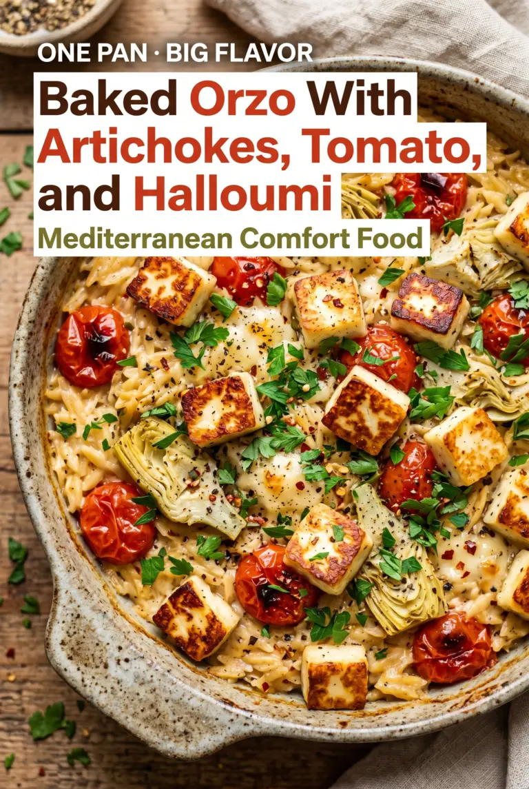Baked Orzo With Artichokes, Tomato, and Halloumi