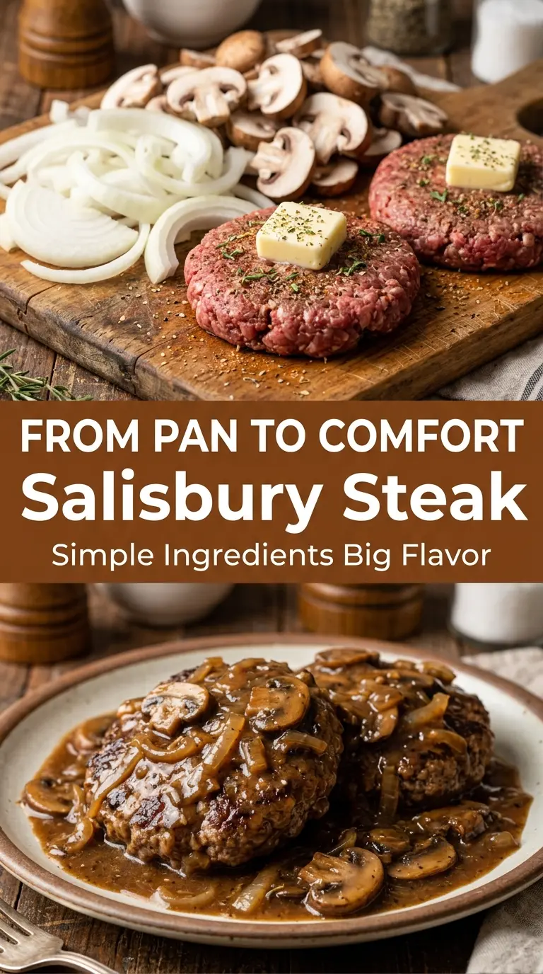 Classic Salisbury steak with rich onion mushroom gravy, hearty comfort food