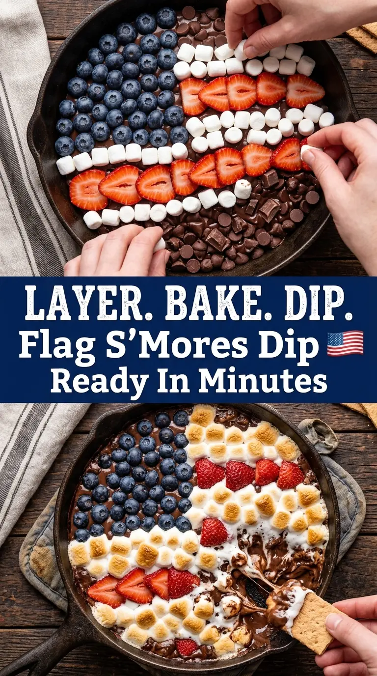 Flag S'Mores Dip with chocolate, marshmallows, berries