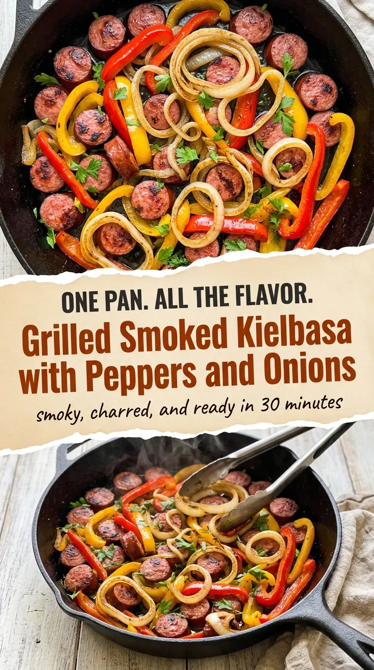 Grilled Smoked Kielbasa with Peppers and Onions smoky charred
