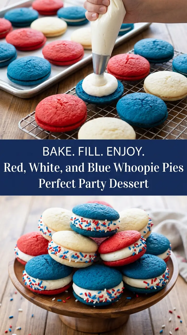 Red, white, and blue whoopie pies soft cake-like cookies, fluffy filling