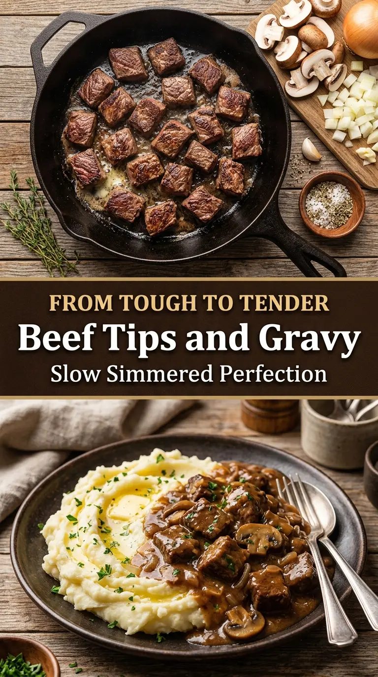 Tender Beef Tips and Gravy Over Mashed Potatoes savory beef