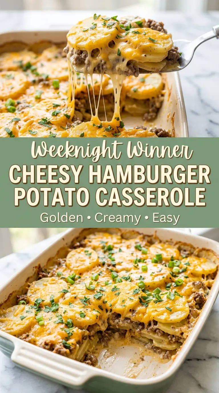 Cheesy Hamburger Potato Casserole, creamy layers, golden top