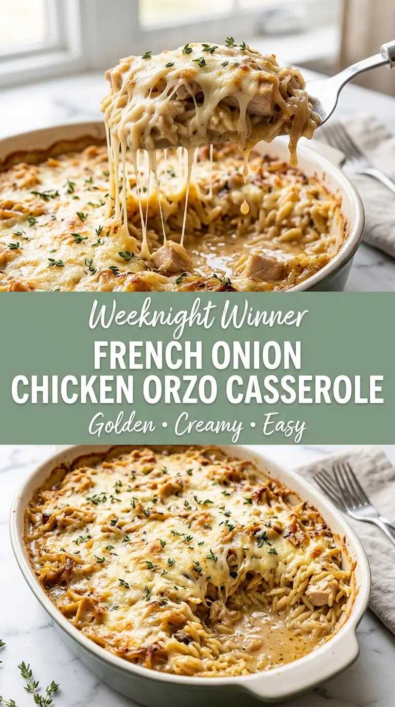 French Onion Chicken Orzo Casserole