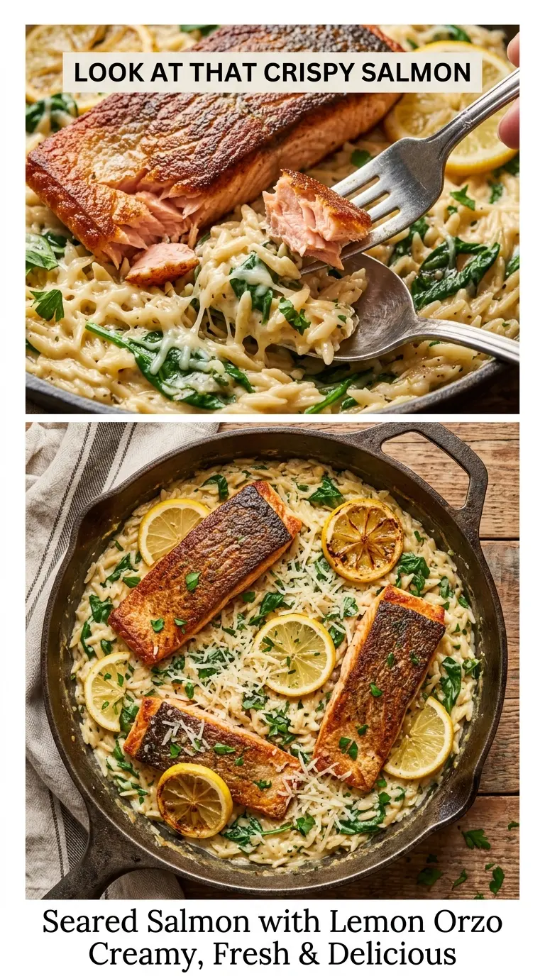 Seared Salmon with Lemon Orzo crisp creamy lemon