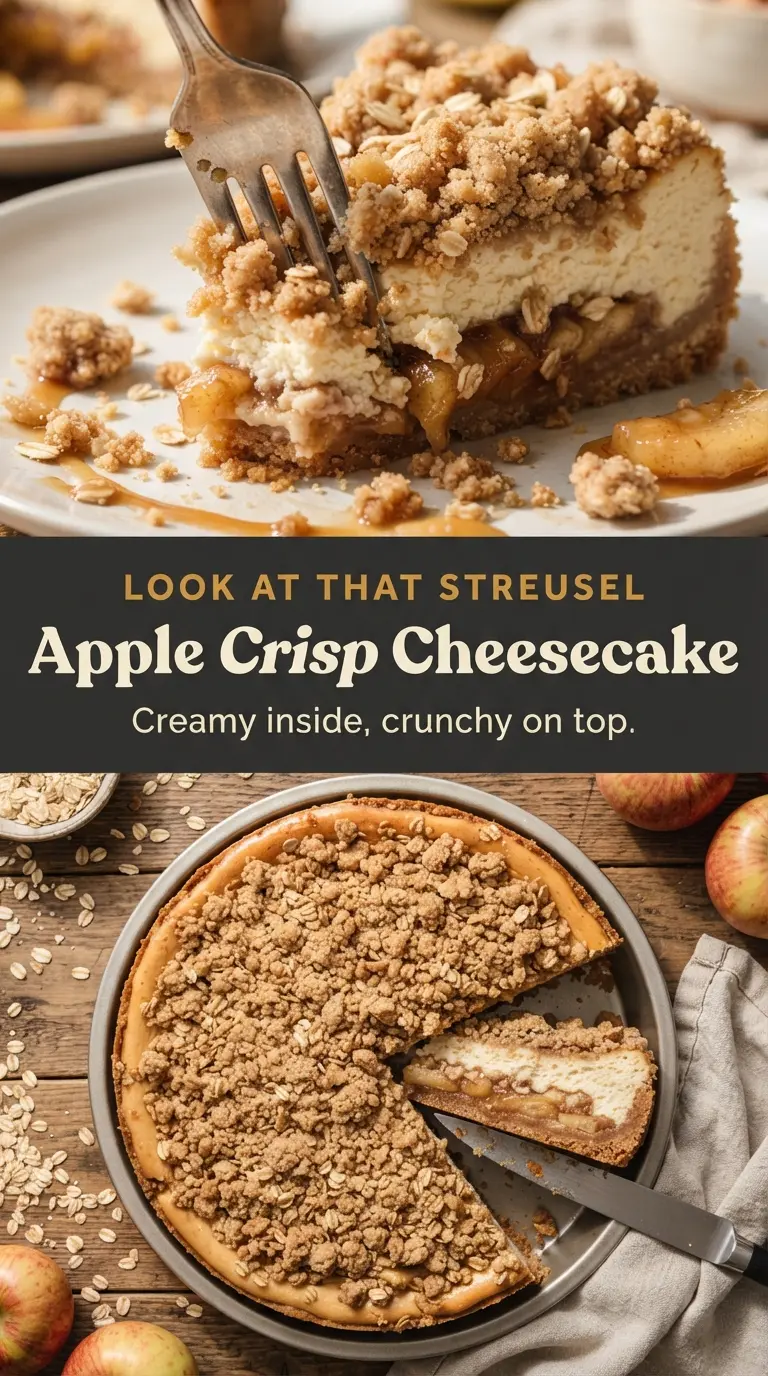 Apple Crisp Cheesecake with Cookie Crust creamy cinnamon caramel
