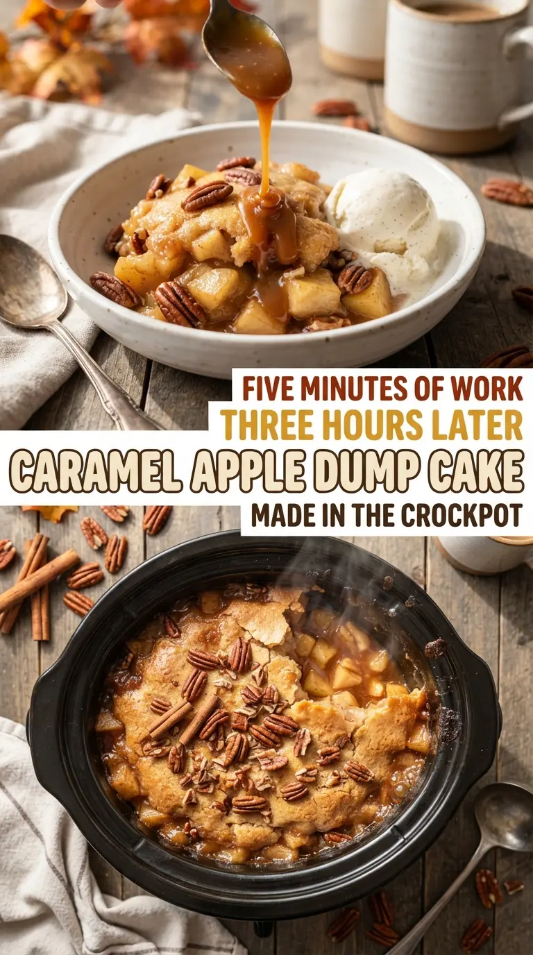 Crockpot caramel apple dump cake, spiced, gooey