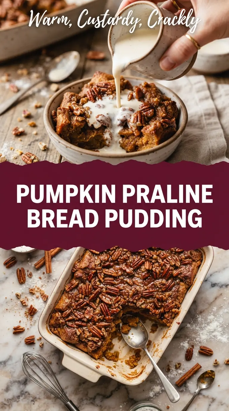 Pumpkin Praline Bread Pudding, custardy, pecan-topped