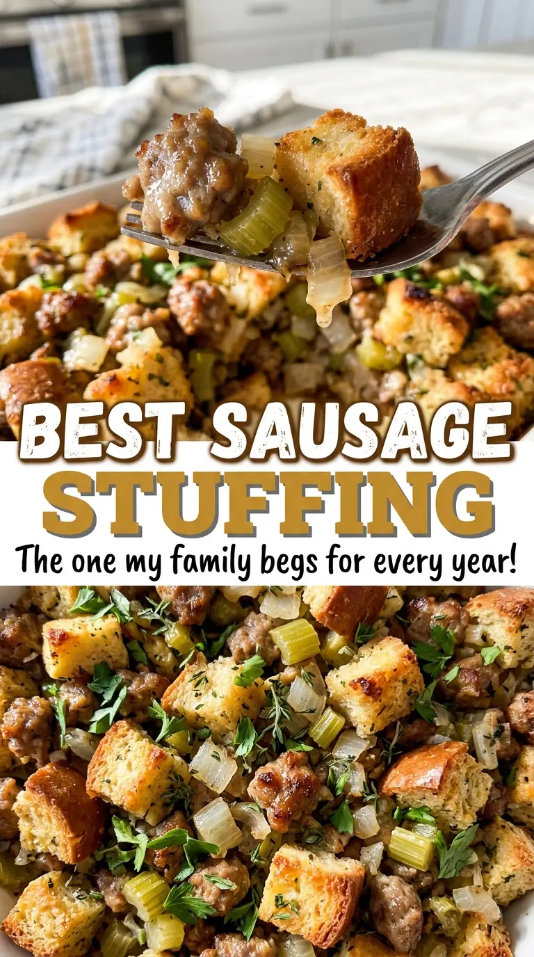 Best Sausage Stuffing with golden, crisp top
