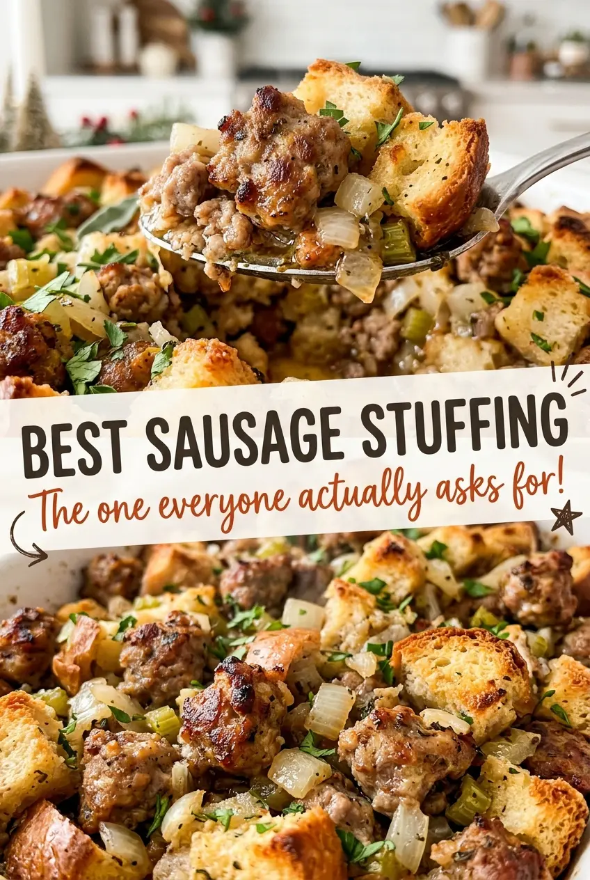 Best Sausage Stuffing with golden, crisp top