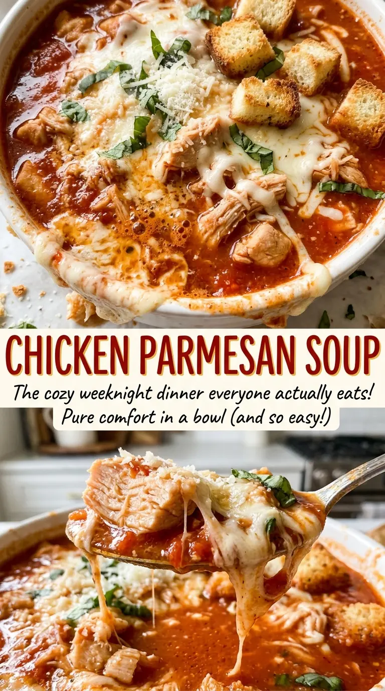 Chicken Parmesan Soup with cheesy tomato basil broth