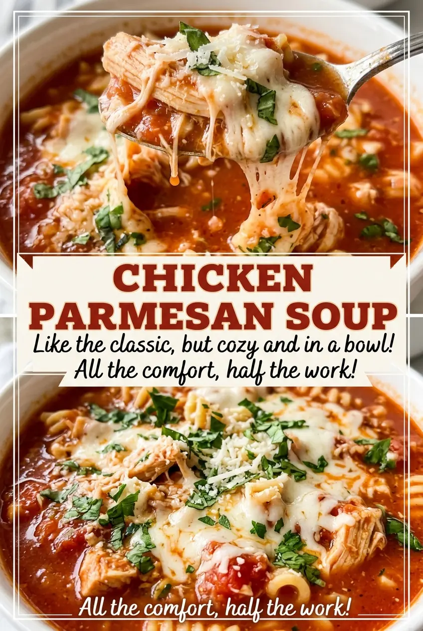 Chicken Parmesan Soup with cheesy tomato basil broth