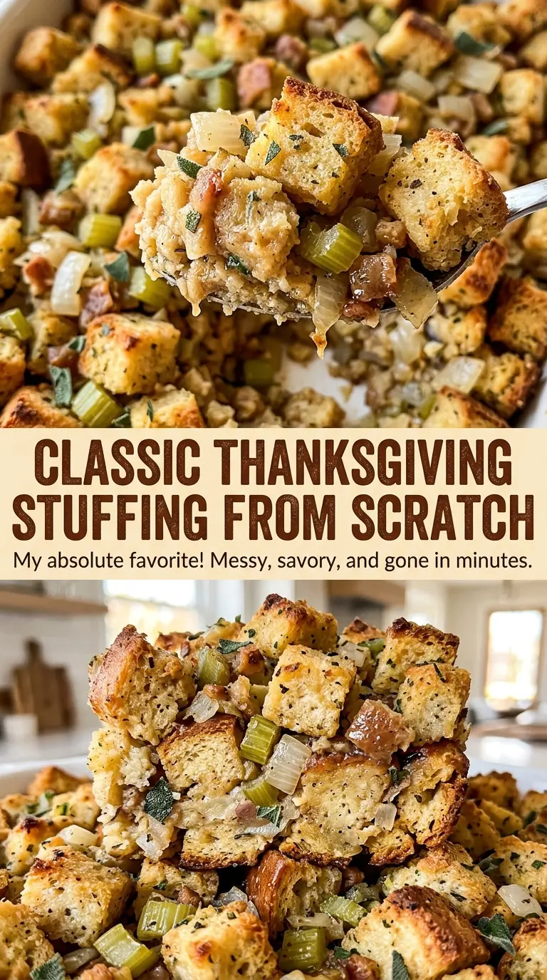 Classic Thanksgiving stuffing from scratch with savory tender cubes