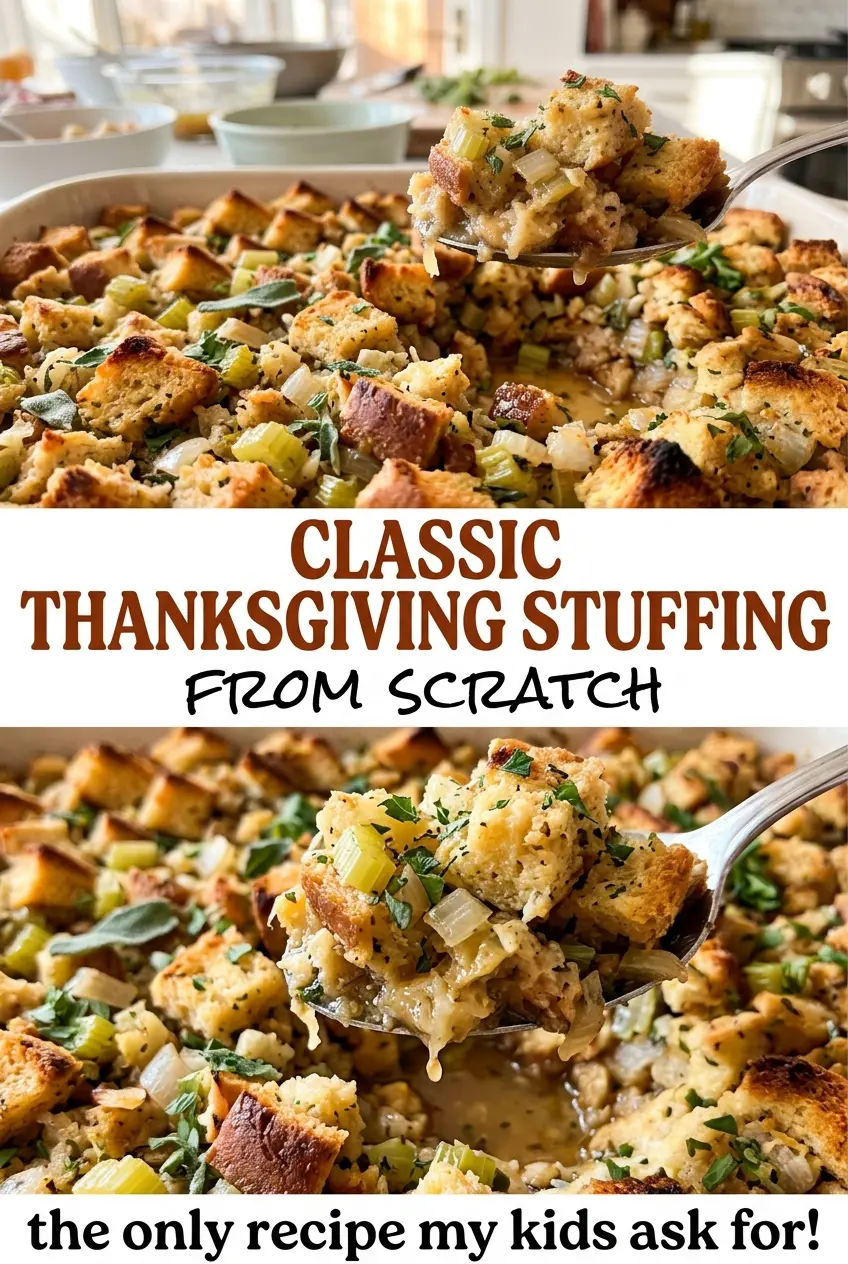 Classic Thanksgiving stuffing from scratch with golden crisp top