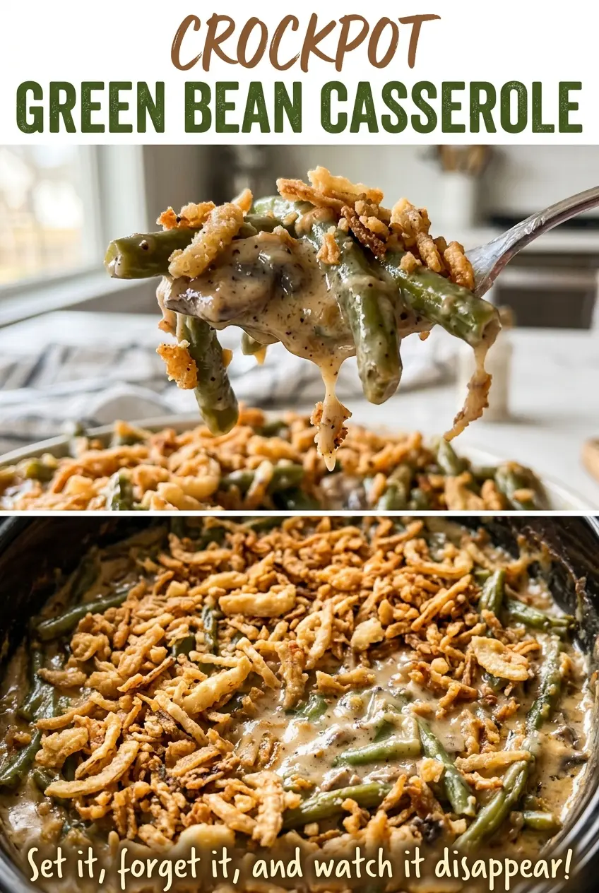 Crockpot Green Bean Casserole creamy onion-topped