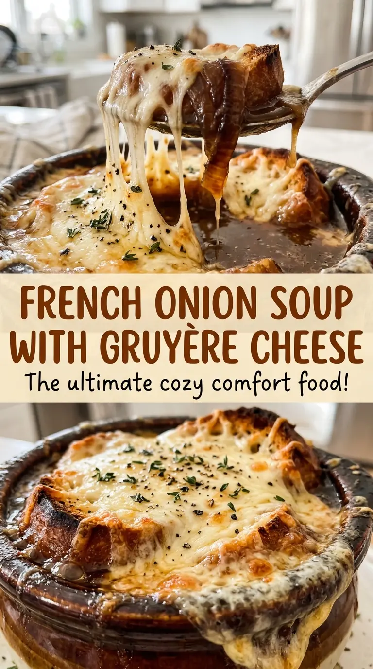 French Onion Soup with Gruyère Cheese toasted baguette crust