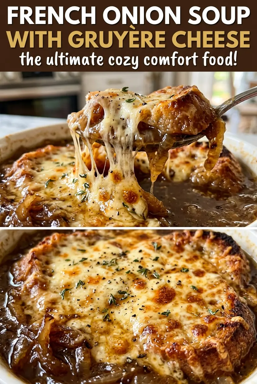 French Onion Soup with Gruyère Cheese bubbling golden topping