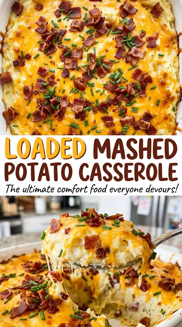Loaded Mashed Potato Casserole with crisp bacon topping