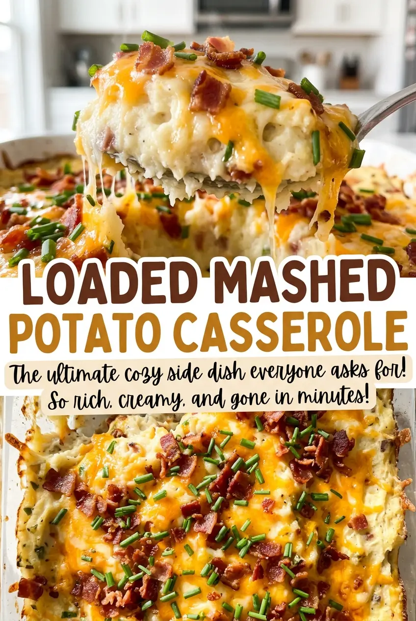 Loaded Mashed Potato Casserole with golden cheddar topping
