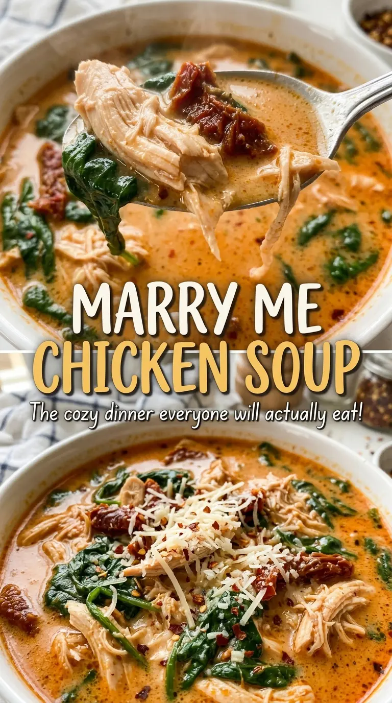 Marry Me Chicken Soup with tender chicken and wilted spinach