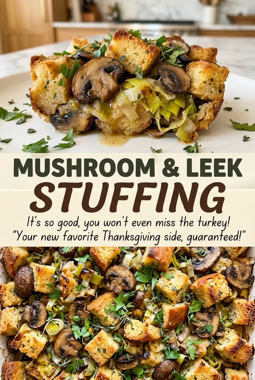 Mushroom and Leek Stuffing with golden crisp top