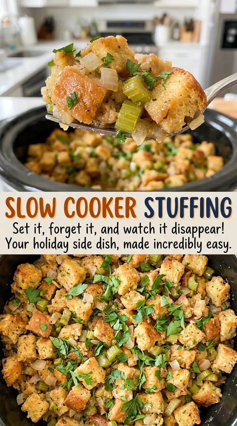 Slow Cooker Stuffing, moist parsley-flecked bread