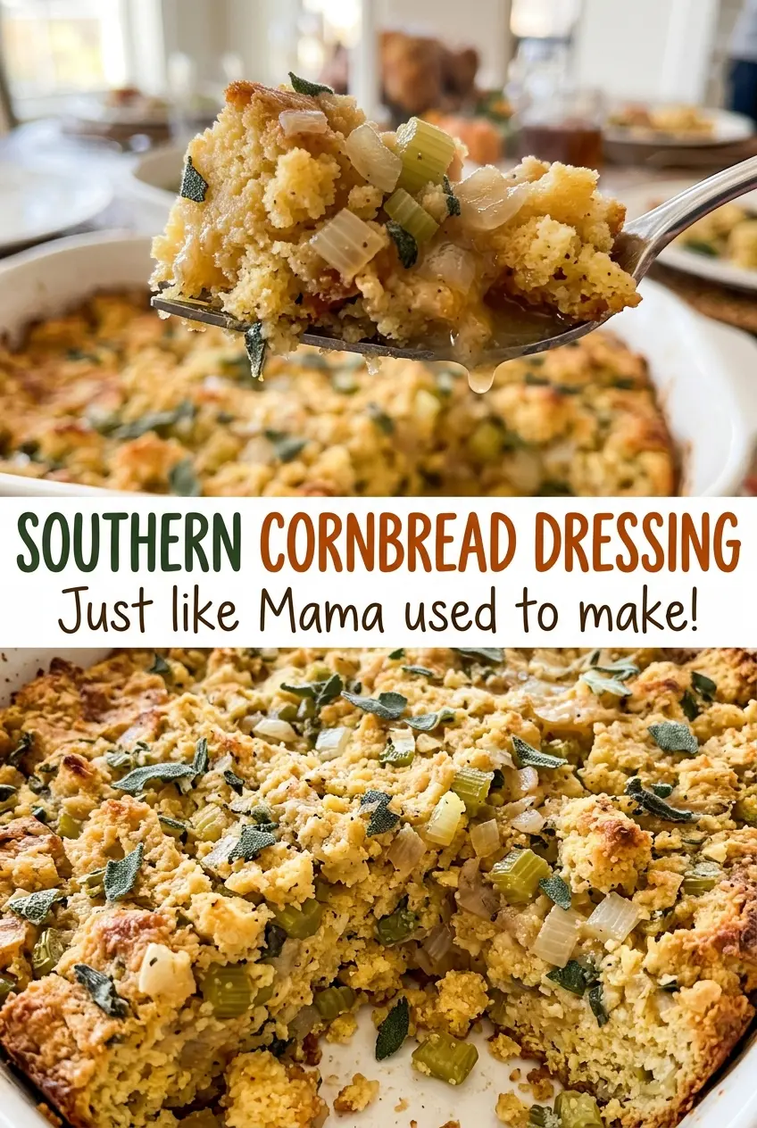 Southern Cornbread Dressing golden, crumbly top