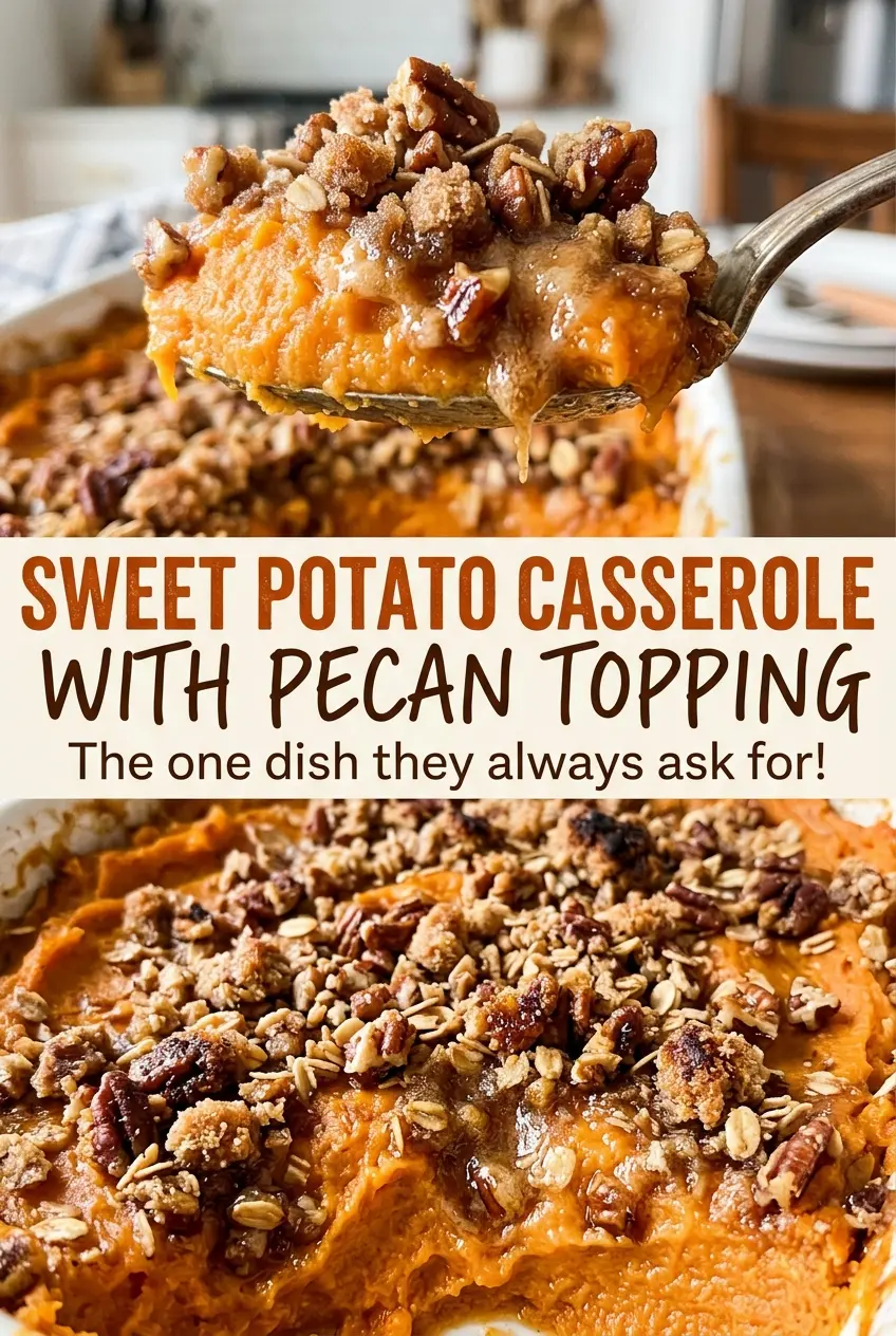 Sweet Potato Casserole with Pecan Topping, golden, crumbly, baked